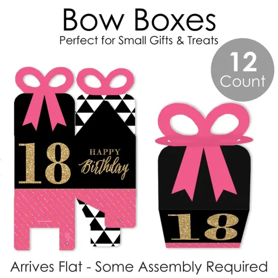 Big Dot of Happiness Chic 18th Birthday - Pink, Black and Gold - Square Favor Gift Boxes - Birthday Party Bow Boxes - Set of 12 {7}