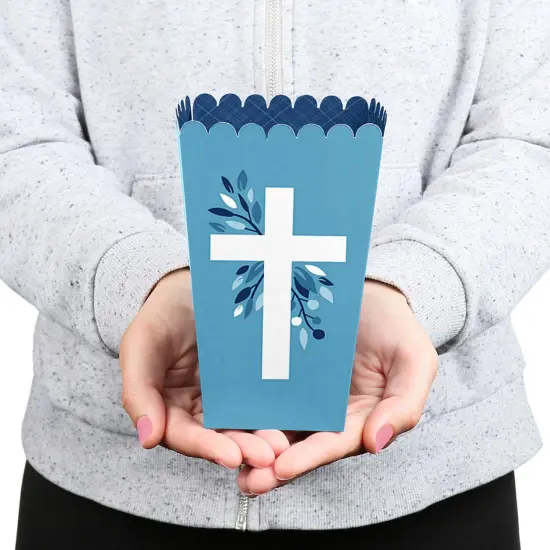 Big Dot of Happiness Blue Elegant Cross - Boy Religious Party Favor Popcorn Treat Boxes - Set of 12 {6}