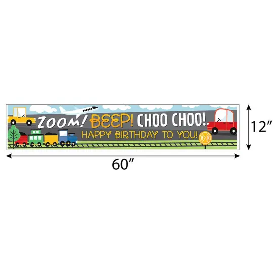 Big Dot of Happiness Cars, Trains, and Airplanes - Happy Birthday Transportation Decorations Party Banner {3}