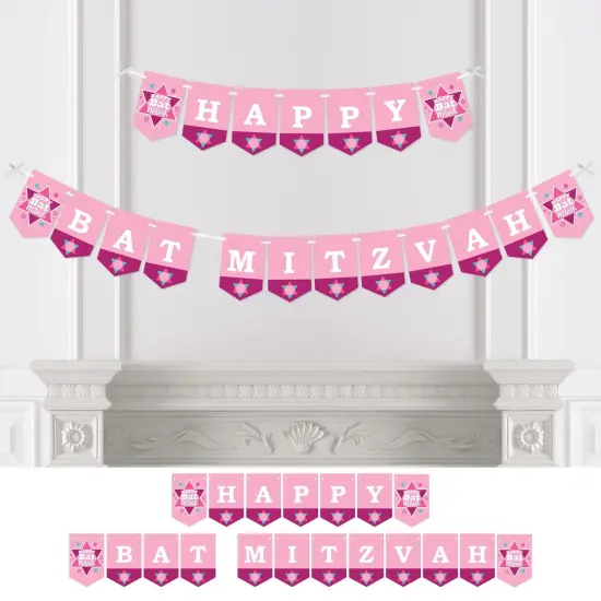 Big Dot of Happiness Pink Bat Mitzvah - Girl Party Bunting Banner - Party Decorations - Happy Bat Mitzvah {1}