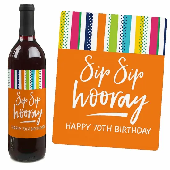 Big Dot of Happiness 70th Birthday - Cheerful Happy Birthday - Colorful Seventieth Birthday Party Decor- Wine Bottle Label Stickers - Set of 4 {7}