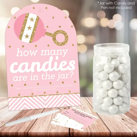 Big Dot of Happiness Hello Little One - Pink and Gold - How Many Candies Girl Baby Shower Game - 1 Stand and 40 Cards - Candy Guessing Game {3}