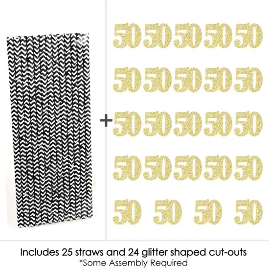 Big Dot of Happiness Gold Glitter 50 Party Straws - No-Mess Real Gold Glitter Cut-Out Numbers & Decorative 50th Birthday Party Paper Straws - 24 Ct {6}