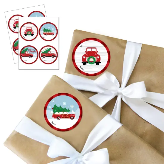 Big Dot of Happiness Merry Little Christmas Tree - Round Red Truck and Car Christmas Party To and From Gift Tags - Large Stickers - Set of 8 {1}