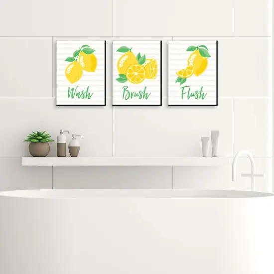 Big Dot of Happiness So Fresh - Lemon - Kids Bathroom Rules Wall Art - 7.5 x 10 inches - Set of 3 Signs - Wash, Brush, Flush {3}