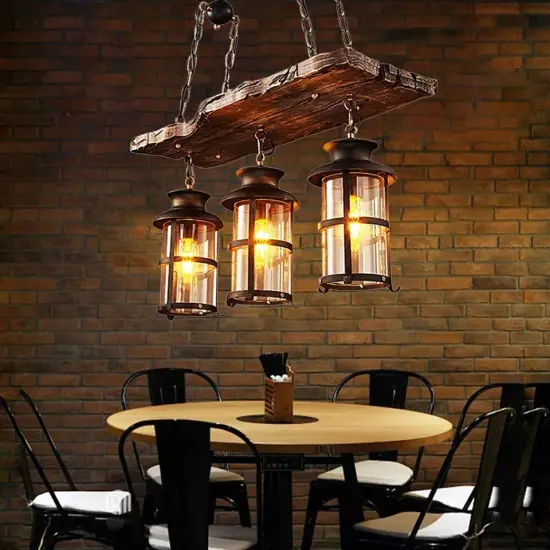 3Lights Farmhouse Loft Rustic Chandelier Wood Pendant Ceiling Light Fixture Lamp {3}
