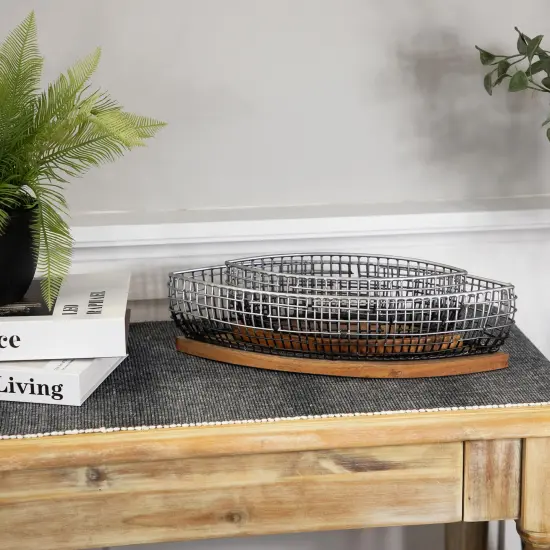 Northlight Oblong Iron Baskets with Wooden Base - 15" - Silver and Black - Set of 2 {3}