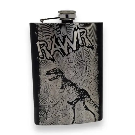 8oz BLACK RAWR Flask Dinosaur T-Rex {1}