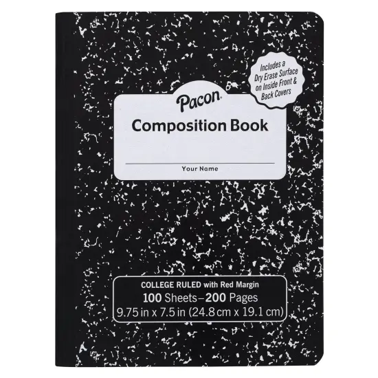 Composition Book, Black Marble, 9/32 in ruling with red margin 9-3/4" x 7-1/2", 100 Sheets, Pack of 6 {5}