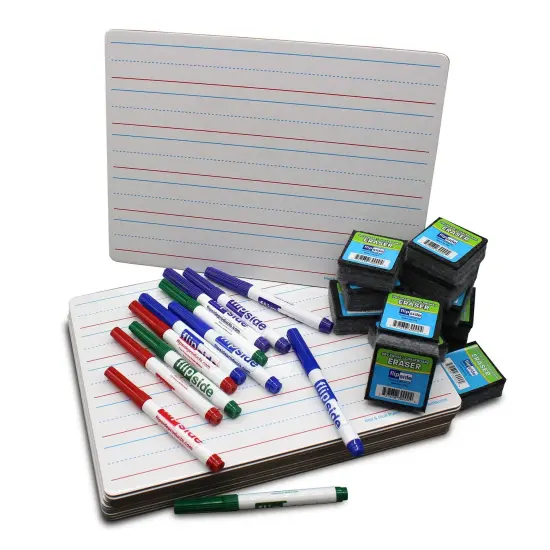 Two-Sided Dry Erase Boards, Red & Blue Ruled/Plain, 9" x 12", with Colored Pens & Student Erasers, Class Pack 12 {1}
