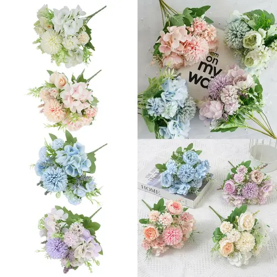 Artificial Flower Bunches, Fake Peony Silk Hydrangea Bouquet, Table Wedding Decor, Faux Flower Arrangements, White Champagne {6}