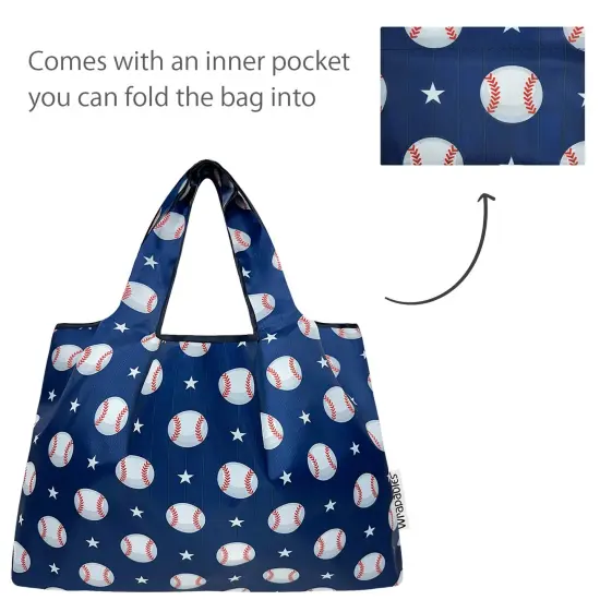 Wrapables Large & Small Foldable Tote Nylon Reusable Grocery Bags, Set of 2, Baseball {5}