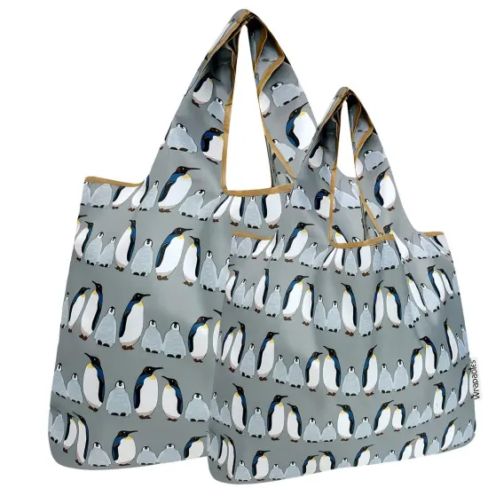 Wrapables Large & Small Foldable Tote Nylon Reusable Grocery Bags, Set of 2, Penguins {1}