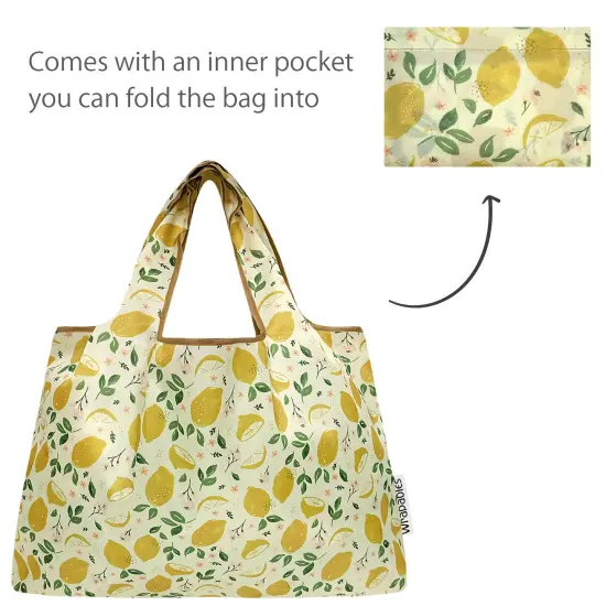 Wrapables Large & Small Foldable Tote Nylon Reusable Grocery Bags, Set of 2, Lemons {5}
