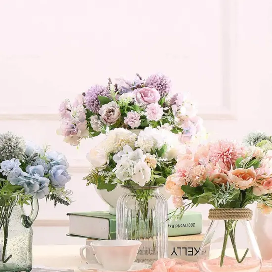 Artificial Flower Bunches, Fake Peony Silk Hydrangea Bouquet, Table Wedding Decor, Faux Flower Arrangements, White Champagne {5}