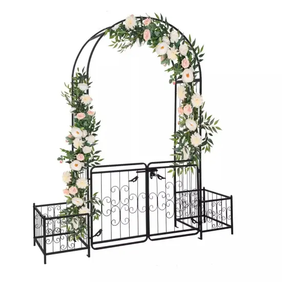 Metal Garden Arch with Planter Boxes Gate Wedding Arch Climbing Plants Black {1}