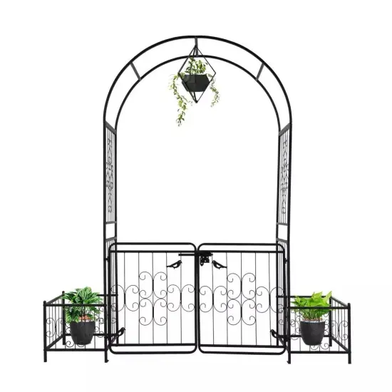 Metal Garden Arch with Planter Boxes Gate Wedding Arch Climbing Plants Black {5}