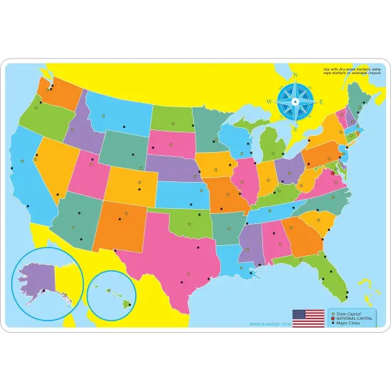 Smart Poly&trade; Learning Mats, 12" x 17", Double-Sided, U.S. Basic Map, Pack of 10 {2}
