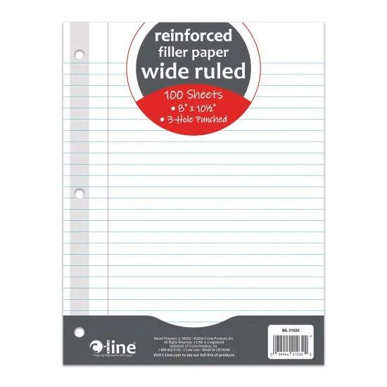 Reinforced 3-Hole Punched, Filler Paper, Wide Rule, 10.5" x 8", 100 Sheets Per Pack, 6 Packs {3}