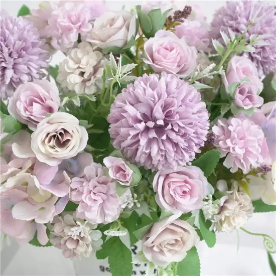 Artificial Flower Bunches, Fake Peony Silk Hydrangea Bouquet, Table Wedding Decor, Faux Flower Arrangements, Purple {4}