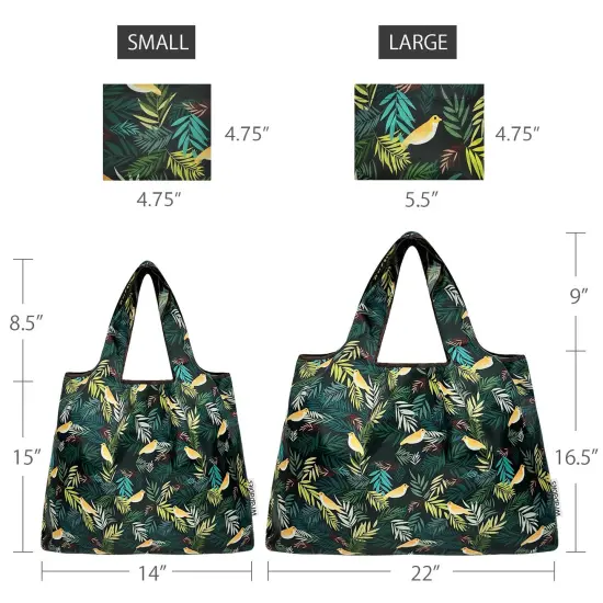 Wrapables Large & Small Foldable Tote Nylon Reusable Grocery Bags, Set of 2, Birds in Ferns {2}