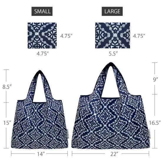 Wrapables Large & Small Foldable Tote Nylon Reusable Grocery Bags, Set of 2, Navy Deco {2}