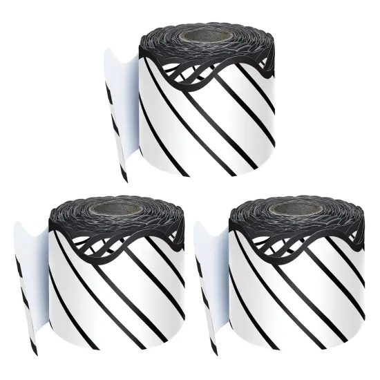 Kind Vibes Black & White Stripes Rolled Scalloped Border, 65 Feet Per Roll, Pack of 3 {1}