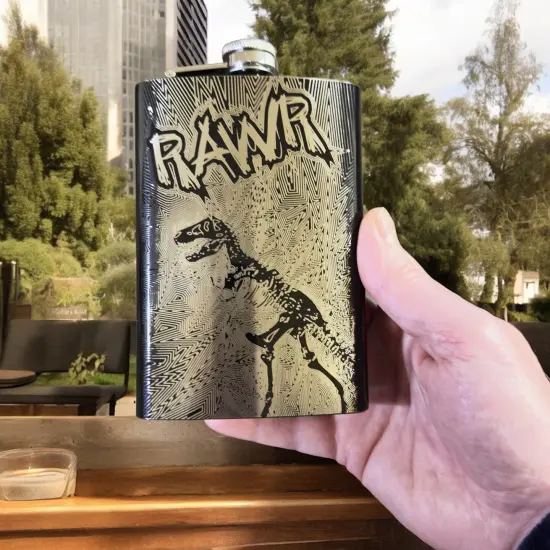 8oz BLACK RAWR Flask Dinosaur T-Rex {4}