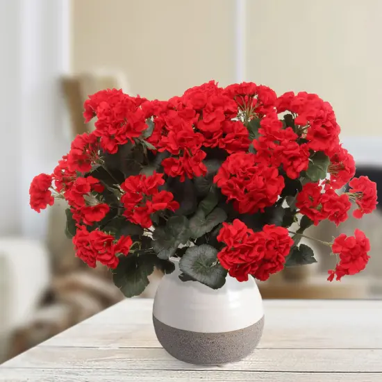 18" Red Geranium Bush 7 Silk Stems & 20 Leaves Faux Floral for Home & Patio by Floral Home&reg; {4}