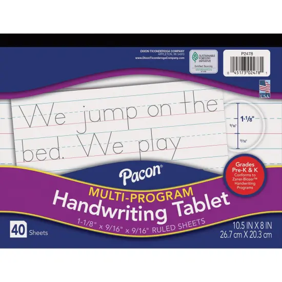 Multi-Program Handwriting Tablet, Zaner-Bloser, 1-1/8" x 9/16" x 9/16" Ruled Long, 10-1/2" x 8", 40 Sheets, Pack of 12 {2}