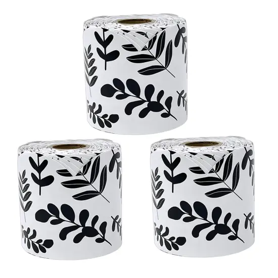 White with Black Leaves Rolled Scalloped Borders, 65 Feet Per Roll, Pack of 3 {1}