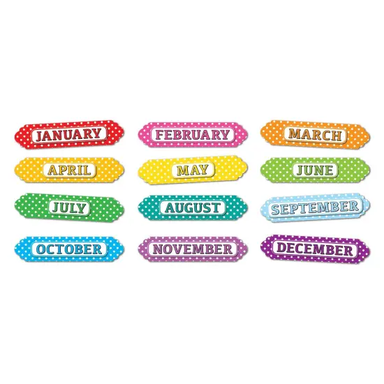 Magnetic Die-Cut Timesavers & Labels, Months of the Year, White Polka Dots On Assorted Colors, 12 Per Pack, 6 Packs {3}
