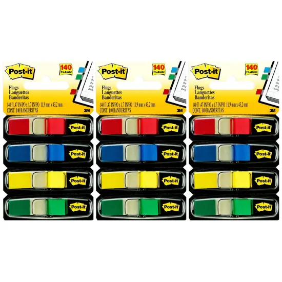Flags, Assorted Primary Colors, .47 in. Wide, 35 Flags/Dispenser, 4 Dispensers/Pack, 3 Packs {1}
