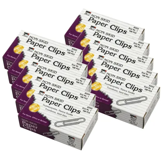 Paper Clips, Non-Skid, Size #1, Silver, 100 Per Box, 100 Boxes {1}