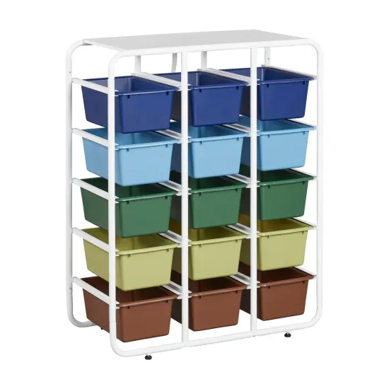 5-Tier Storage Rack with 15 Cubby Bins 5x3, Multipurpose Organization Earthtone {1}