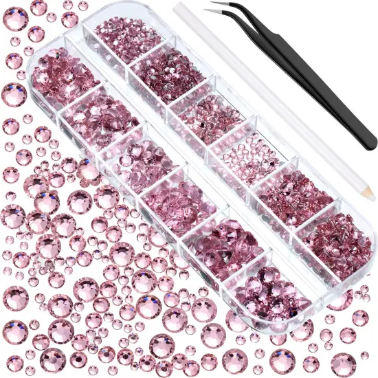 2000 Pieces Pink Flatback Rhinestones Bulk for Crafting 6 Sizes Round Crystal Nail Rhinestones Bedazzling Nail Gems with Tweezer Picking Pen for Nail Art Makeup Clothes Shoes DIY {2}