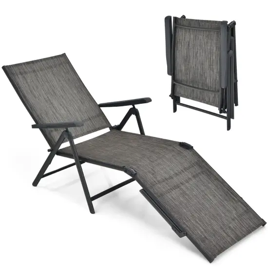 2 Pieces Foldable Chaise Lounge Chair With 2-position Footrest Grey {4}