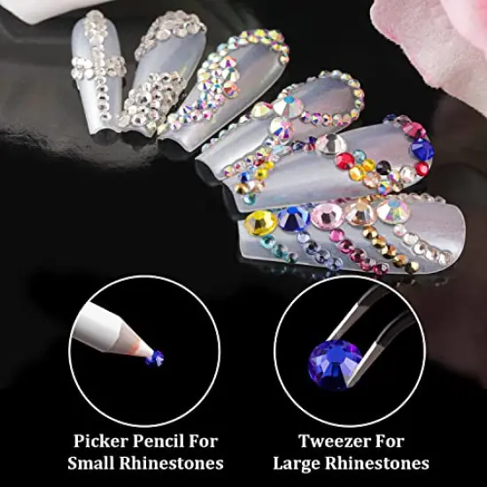 AB and Clear and Mixed Color Flatback Round Rhinestones Kit, Multi Size Glass Crystals Bead with Pickup Pencil and Tweezer for DIY Nail Art {4}