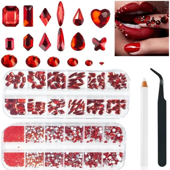 2680 Pieces 3D Red Nail Rhinestones, 120 Pieces Big Red Glass Crystal Nail Gems Stones Charms Stones with Bling Diamond Flatback Round Beads, Clear Charm Jewelry for DIY Face Craft Decoration {3}