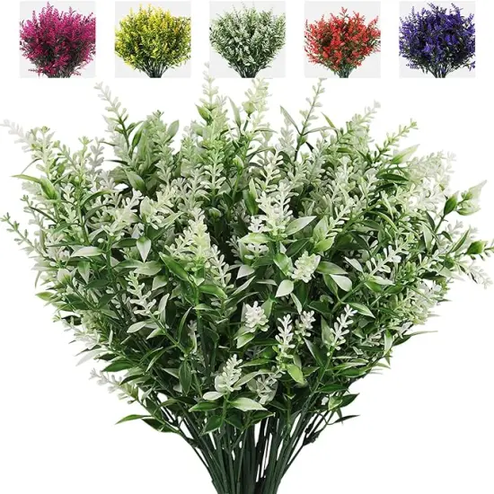 8 Bundles Artificial Plants, UV Resistant Greenery, Fake Shrubs, Outdoor Indoor Plants, Hanging Planter Home Garden Decor, Lavender White {1}