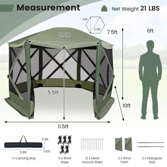 11.5 X 11.5 Ft Pop-up Screen House Tent With Portable Carrying Bag Green {3}