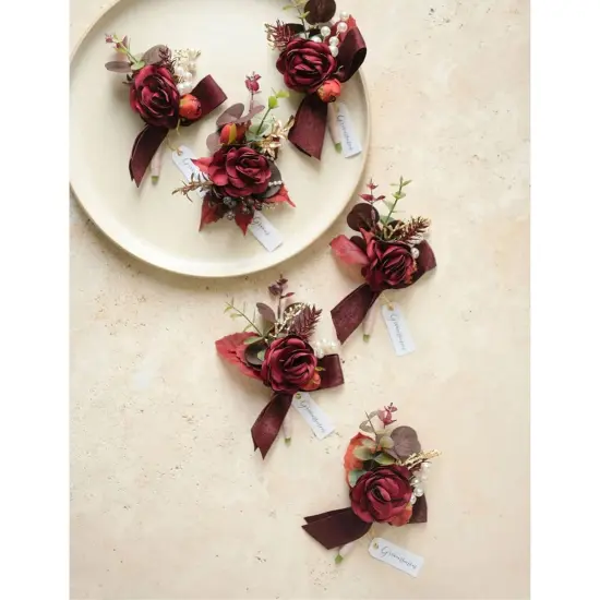 Boutonniere Set of 6 for Groom & Groomsmen Burgundy & dusty ros {2}