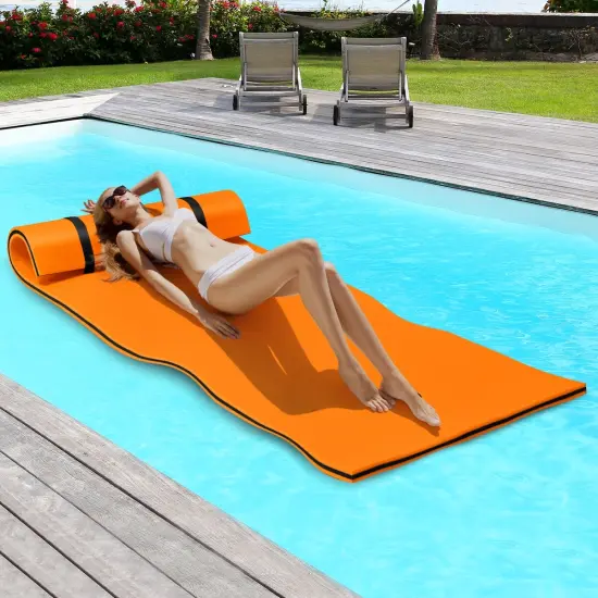 Orange 3-Layer XPE Foam Floating Water Mat with Rolling Pillow and Tear-Resistant {2}