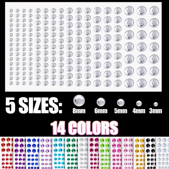 2758 Pieces of Rhinestone Stickers 3/4/5/6/8mm with 14 Colors Self Adhesive Face Gems, Stick on Body Crystal Jewels with Quick Dry Makeup Glue for Face Eye Hair Nails Make up and Craft DIY Decorations {1}