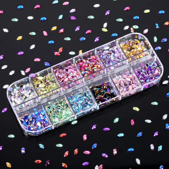 1200 Pieces 12 Colors Shiny Nail Rhinestones Horse Eye Rhinestones Flat Back Nail Gems Decorations Supplies with Box {6}