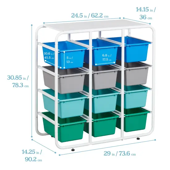 4-Tier Storage Rack with 12 Cubby Bins 4x3, Multipurpose Organization Contemporary {2}