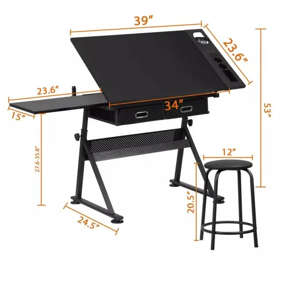 Drafting Drawing Table Tiltable Tabletop Workstation Adjustable Height w/Stool {2}