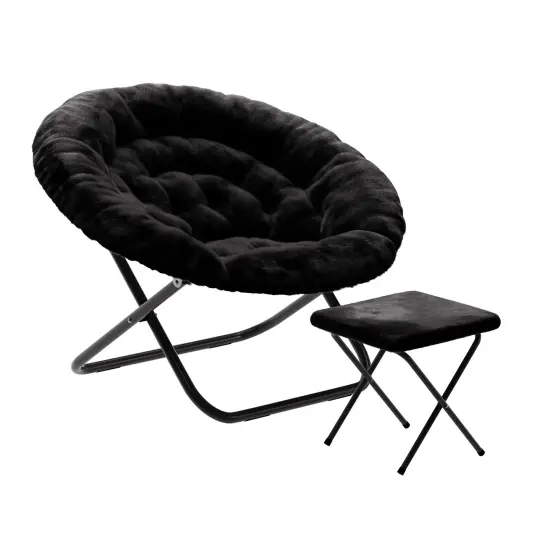 Emma and Oliver Ersa Oversize Folding Saucer Moon Chair and Ottoman for Dorm and Bedroom with Steel Frames BlackFab/BlackFrame {2}