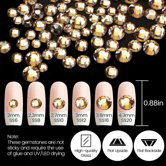 2120 Pieces Champagne Gold Crystal Nail Rhinestones Round Beads Multi Shapes Sizes Flatback Glass Gems Stones for Nail DIY Crafts Clothes Shoes Jewelry {4}