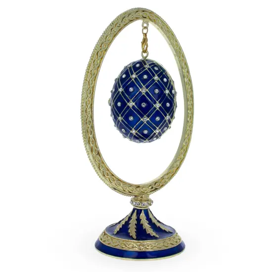 Blue Enamel Jeweled Easter Egg in the Egg Shaped Display Holder Figurine {4}